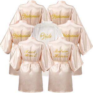 9 Piece Satin Robes for Bridal Party - Champagne Color with Gold Glitter Writing